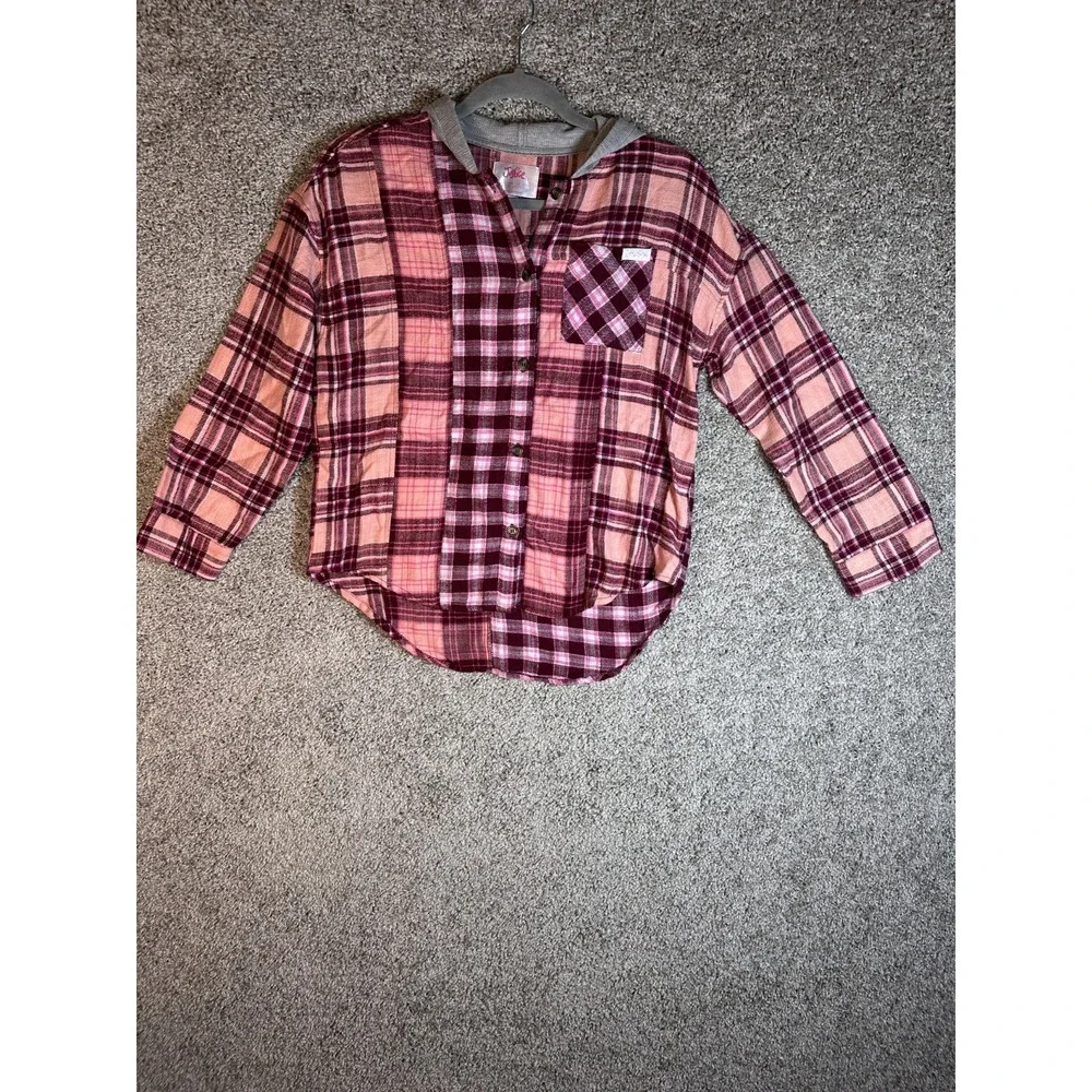 Justice Girls Long Sleeve Flannel Plaid Shirt With Hood L 12-14 Pink Grey Casual